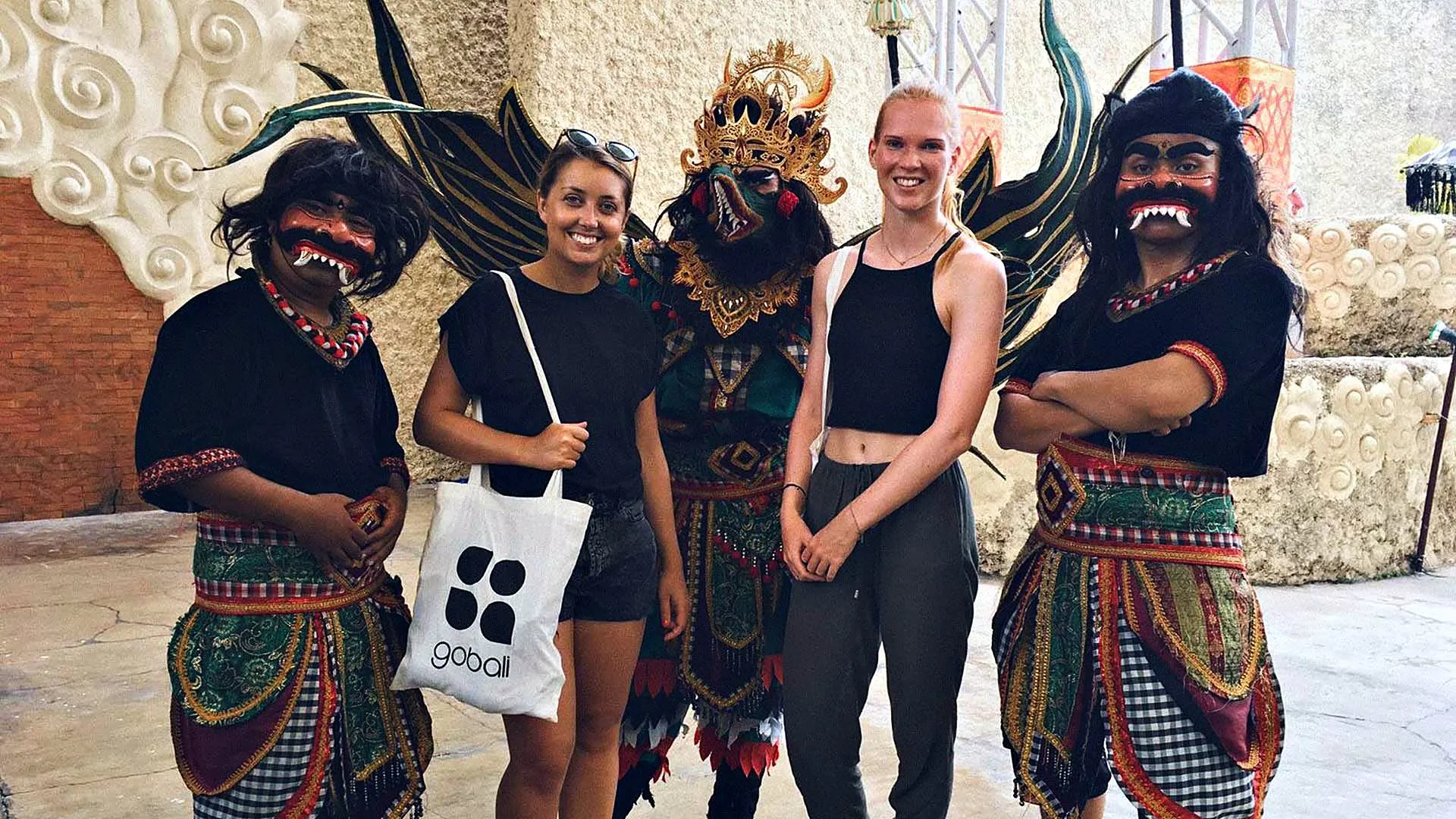 GoBali students with Barong dancers in traditional costume