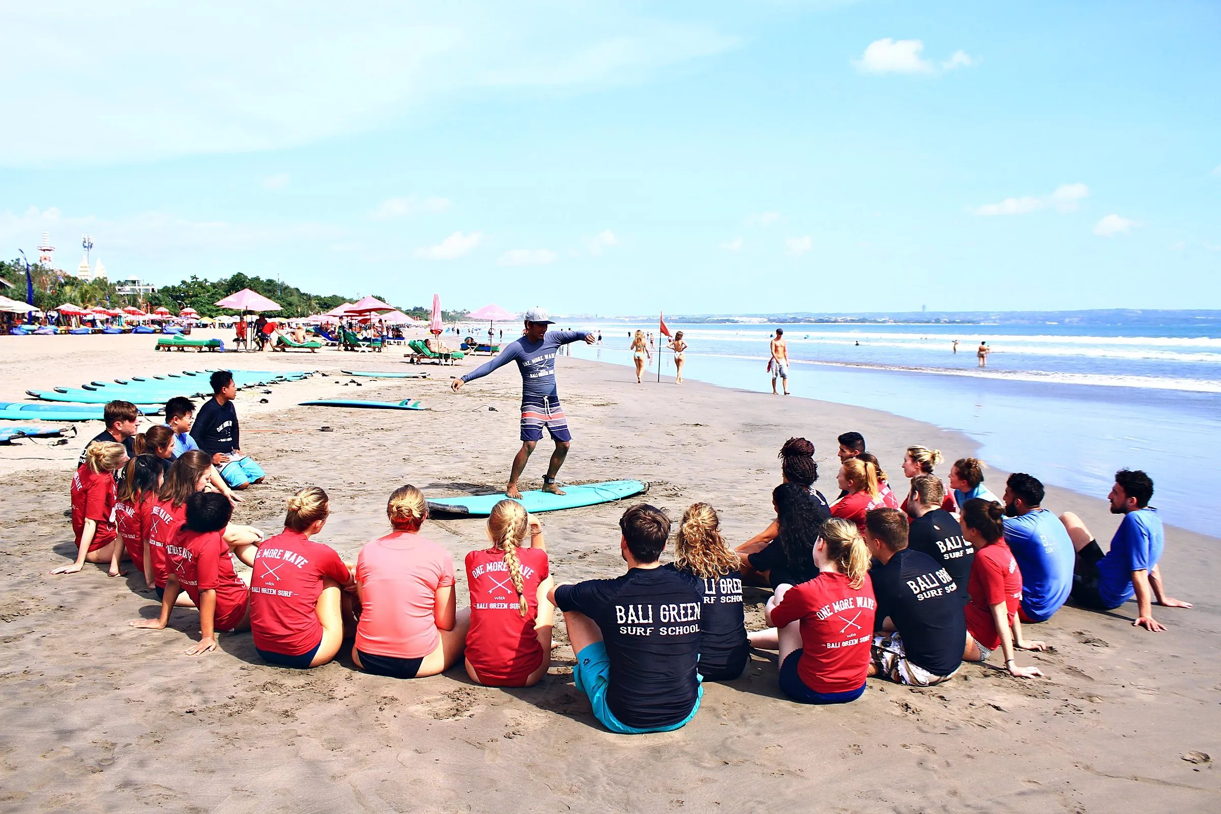 GoBali students at a surf lesson on the beach